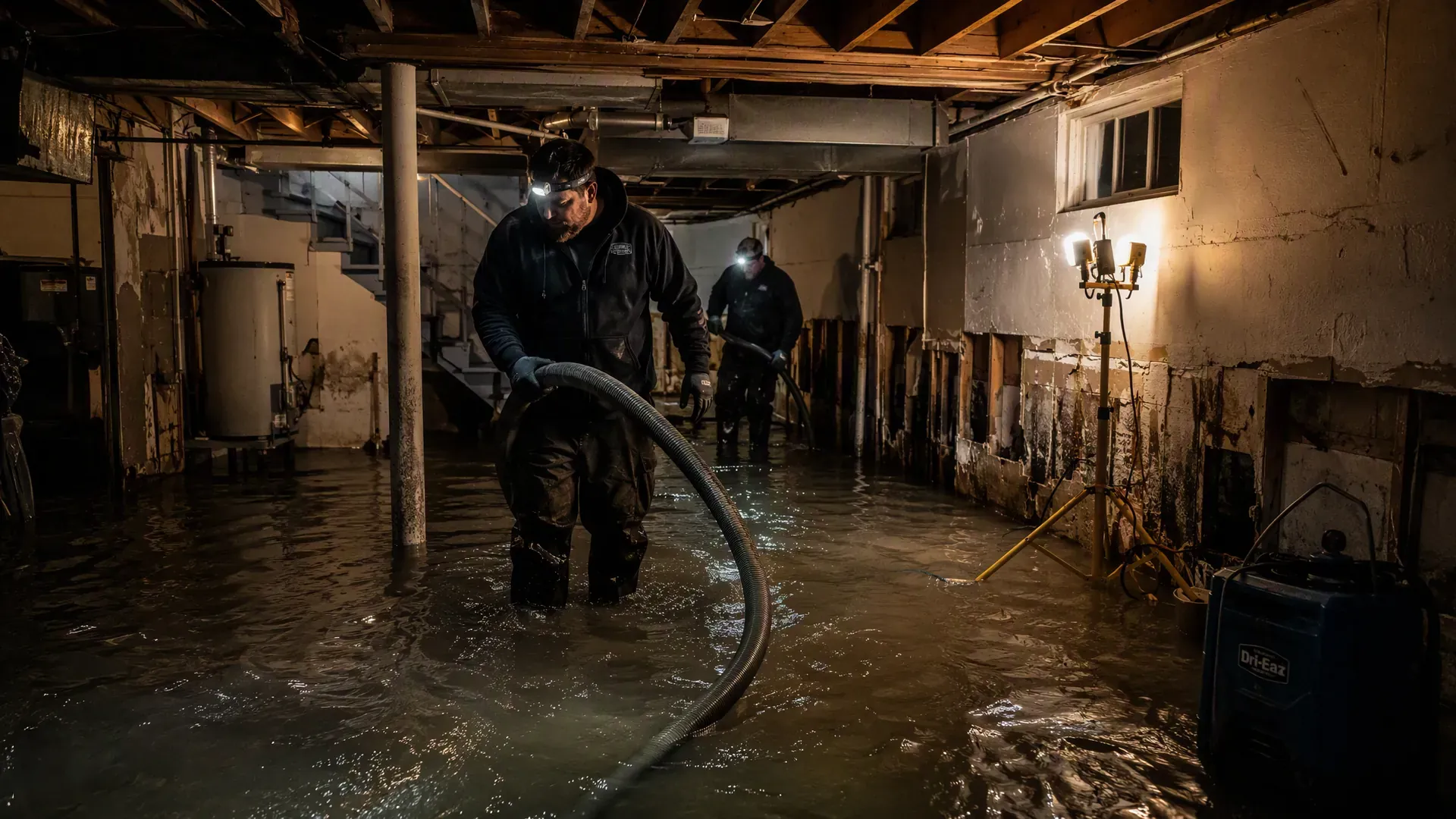 Restoration crew extracting flood water from a flooded basement at night under work lights
