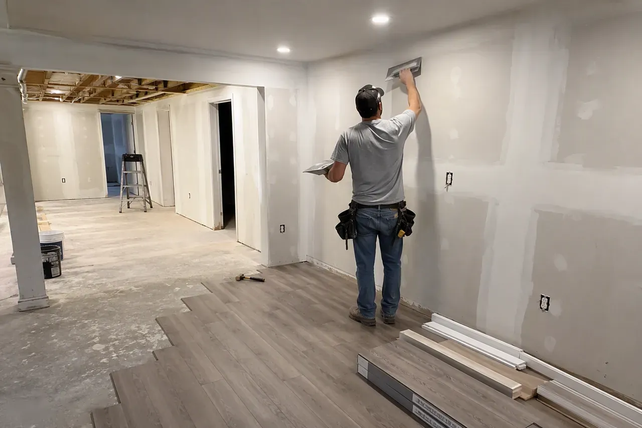 Contractor installing new drywall and flooring during reconstruction after water damage