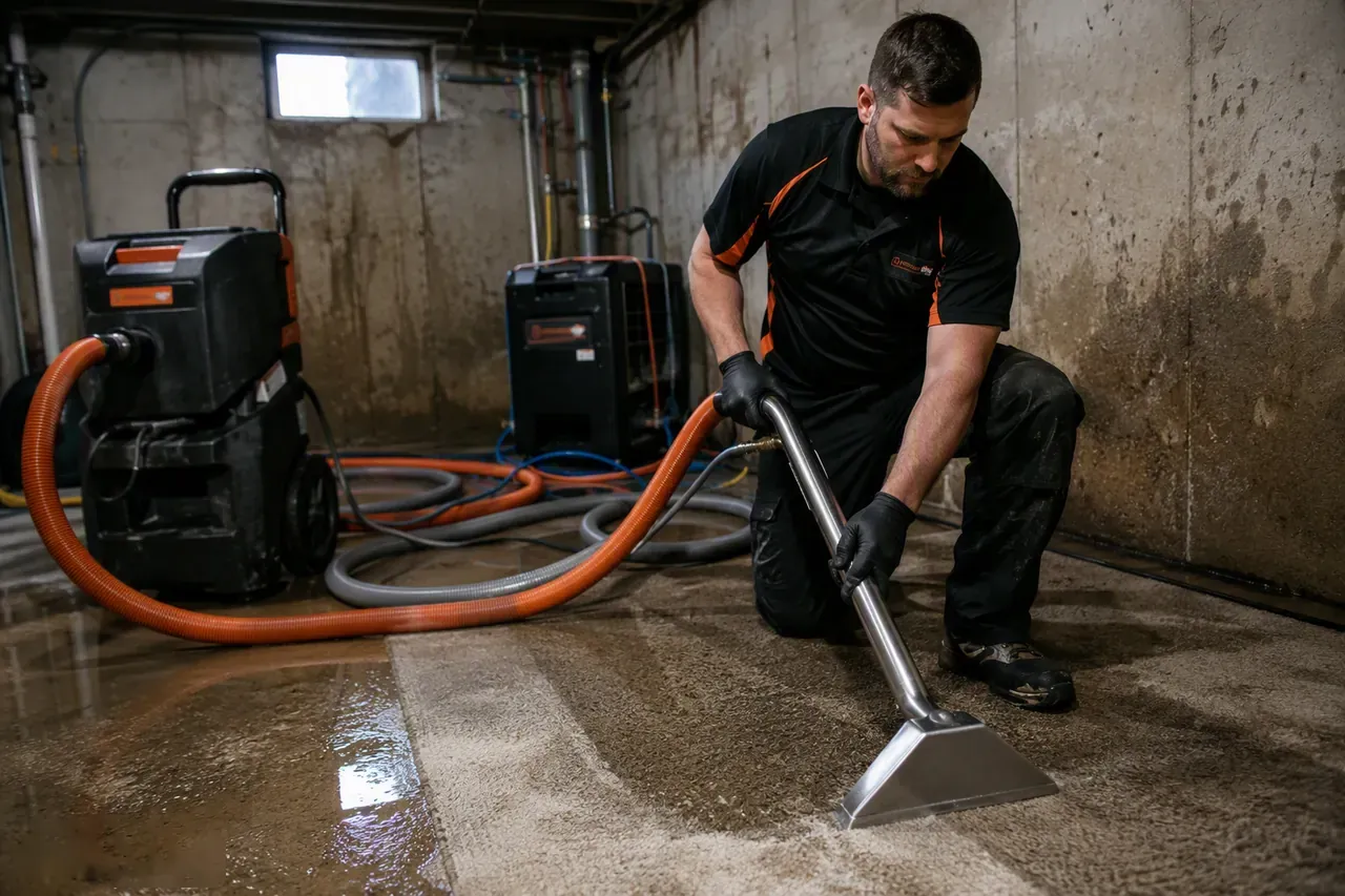 Technician extracting water from soaked basement carpet with a commercial extractor